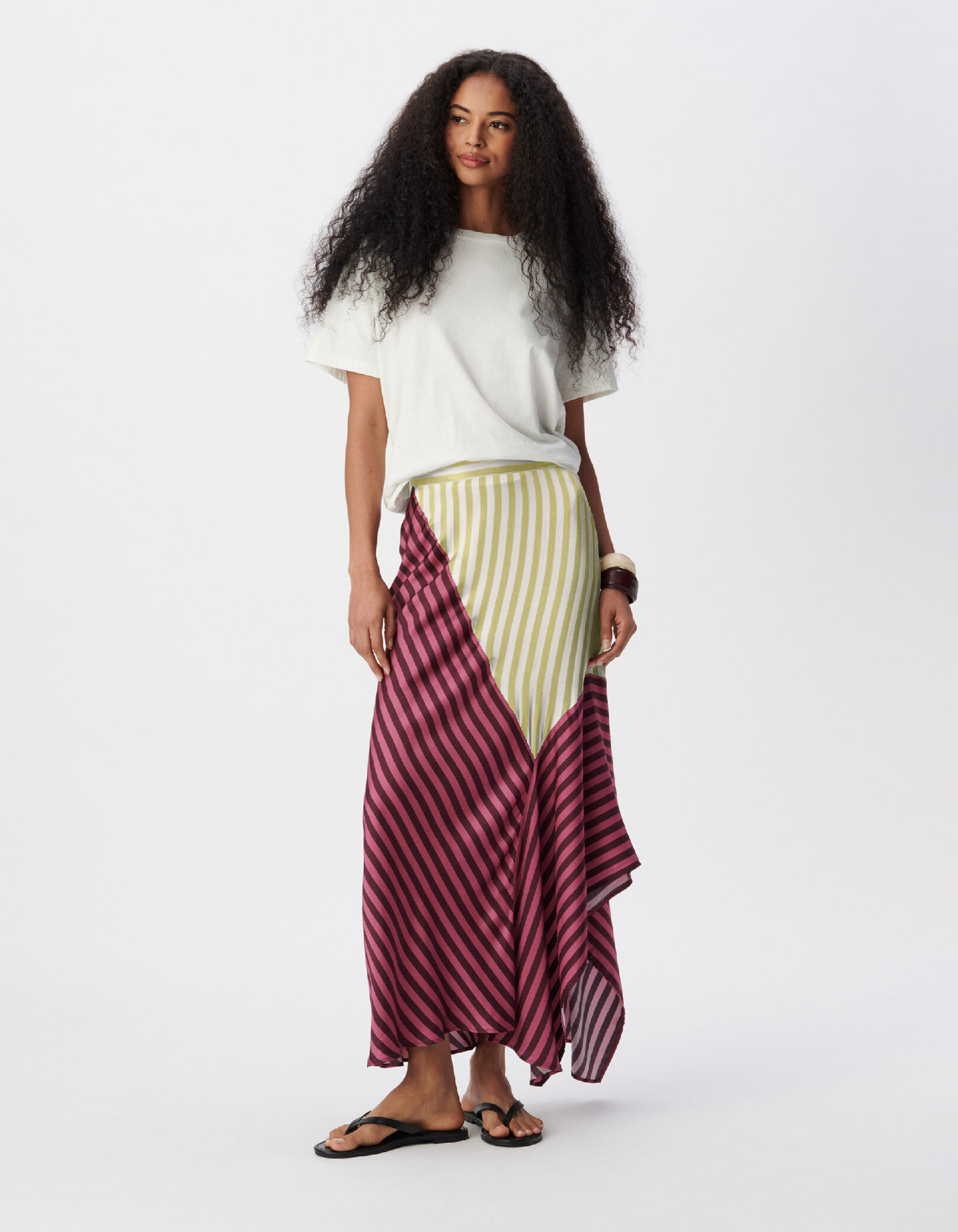 Jupe longue écrue rayures couleur asymétrique Femme