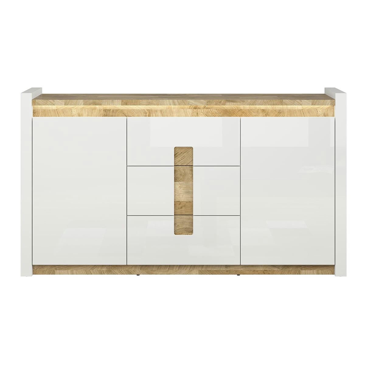 - Buffet 2 portes 3 tiroirs avec led blanc laqué et naturel