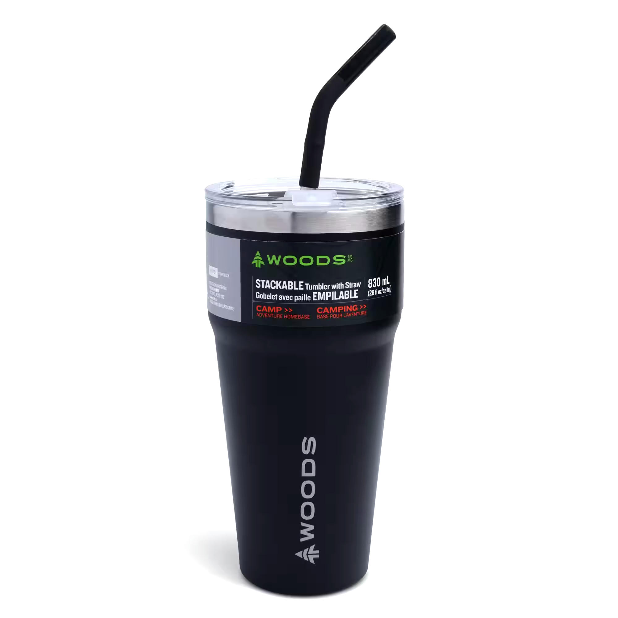Woods Stackable Insulated Tumbler with Straw, Black, 830-ml