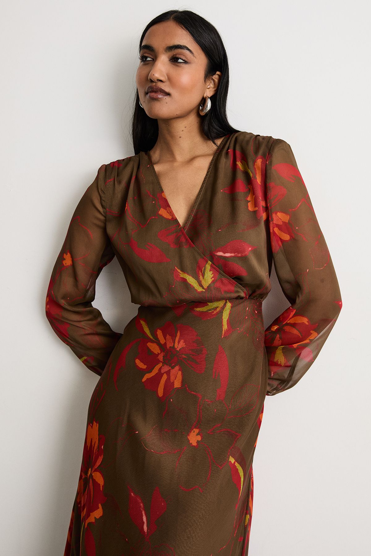 Warehouse Printed Shoulder Pad V Neck Tie Detail Midi Dress