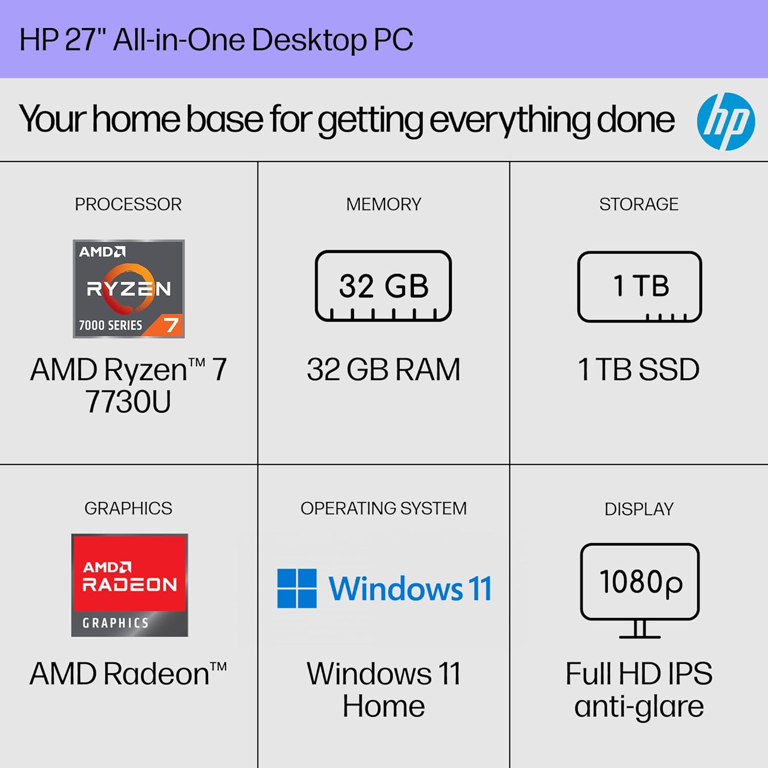 HP 27 inch All-in-One Desktop PC  FHD Display  AMD Ryzen 7 7730U  32 GB RAM  1 TB SSD  AMD Radeon Graphics  Windows 11 Home  27-cr0012 (2024)