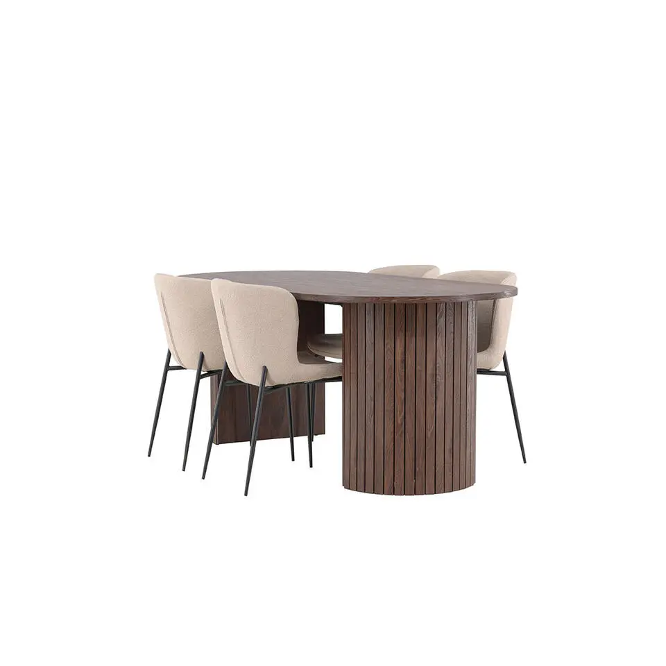 Hioshop H&auml;r&ouml;n eethoek tafel 90x200cm en 4 boucl&eacute; stoelen mocca