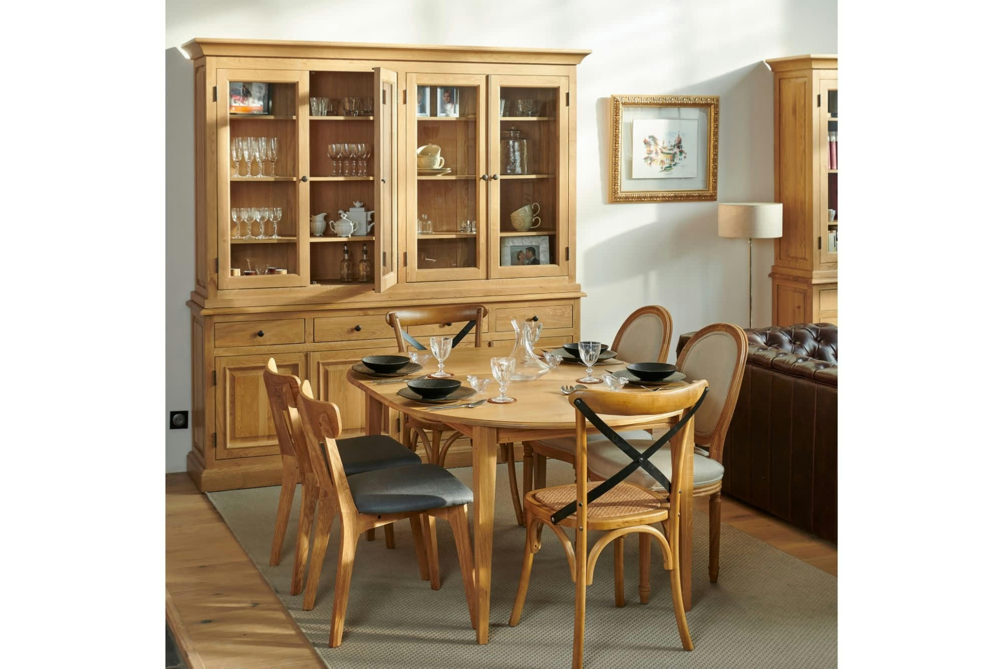 VICTORIA - Buffet vaisselier en chêne 4 portes vitrées 4 tiroirs 4 portes bois