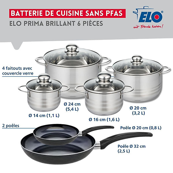 Ensemble de 2 Poêles de cuisson 20 et 32 cm et 4 faitouts 14, 16, 20 et 24 cm Elo Prima Brillant