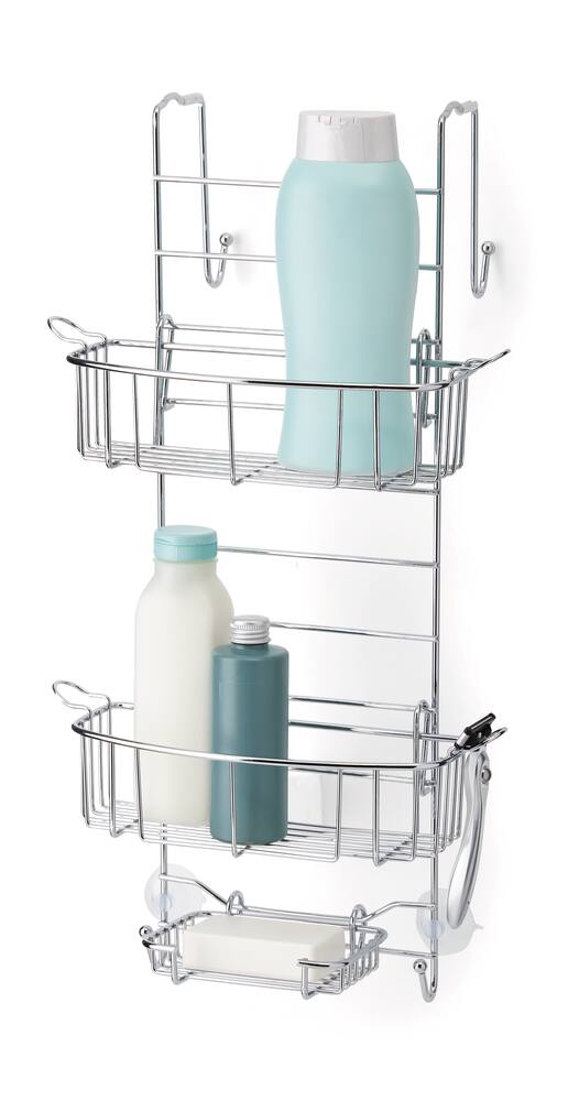 For Living Steel Rust-Resistant 2-Adjustable Shelves Shower Door Caddy with Hooks, 22.75-in x 12.25-in x 9-in