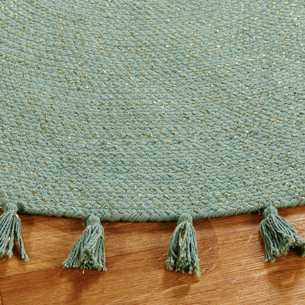- Tapis rond en coton recyclé vert à pompons D100
