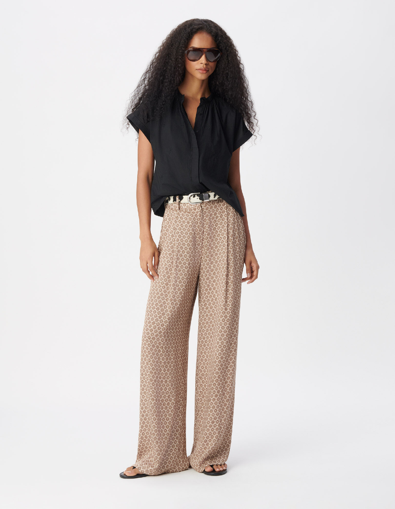 Pantalon large beige motif géométrique Femme