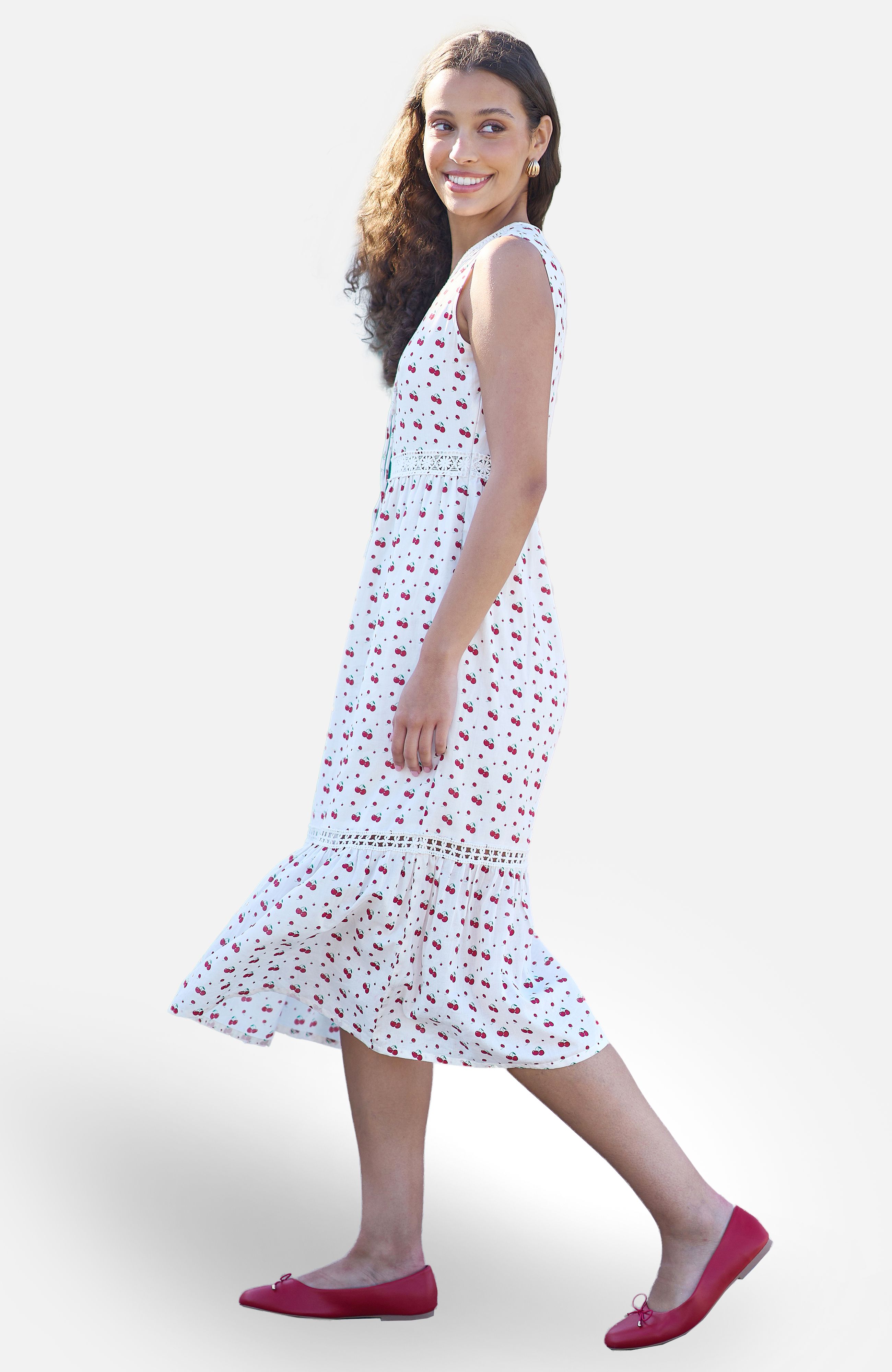 Yumi White Cherry Print Lace Trim Cotton Midi Dress