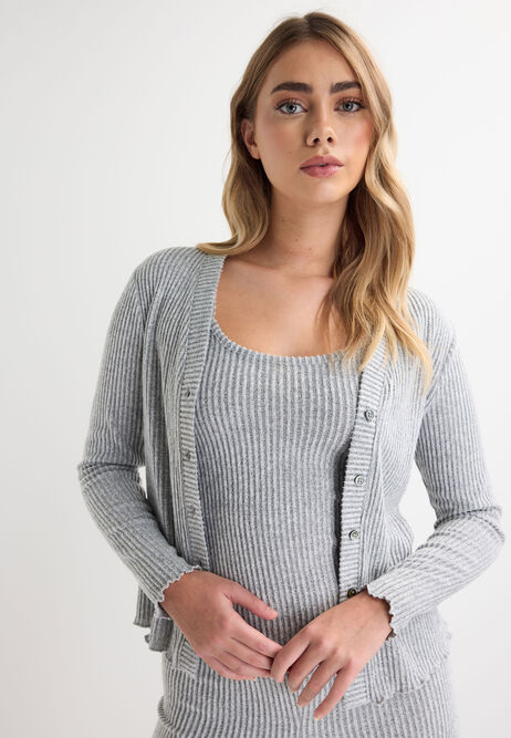 Womens Grey Ribbed Cardigan & Cami Pyjama Top Set