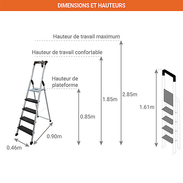 Escabeau 4 marches - Hauteur max. de travail 2.85m - 8814-211