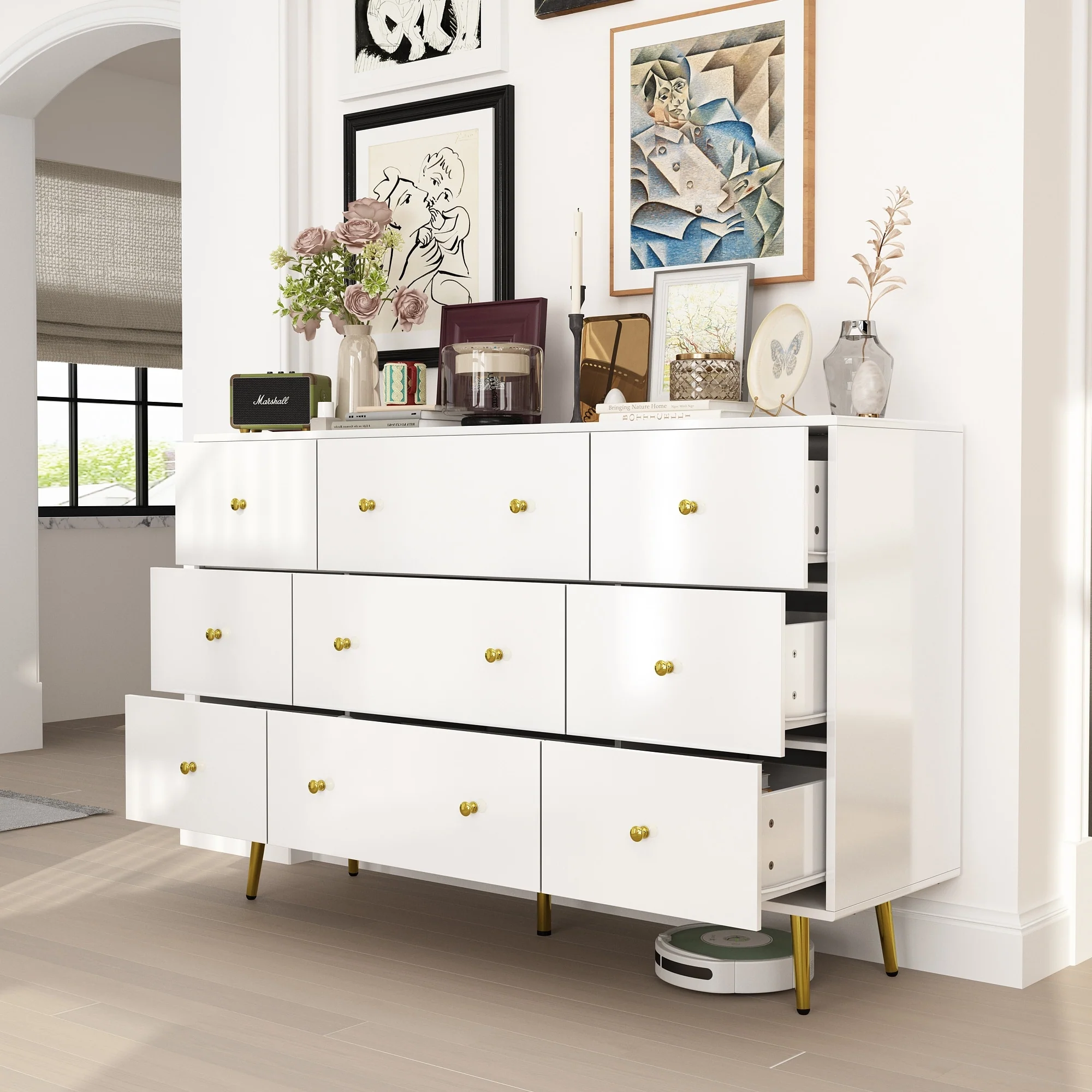 Modern 9-Drawer Dresser with Golden Accents - High-Gloss White Chest
