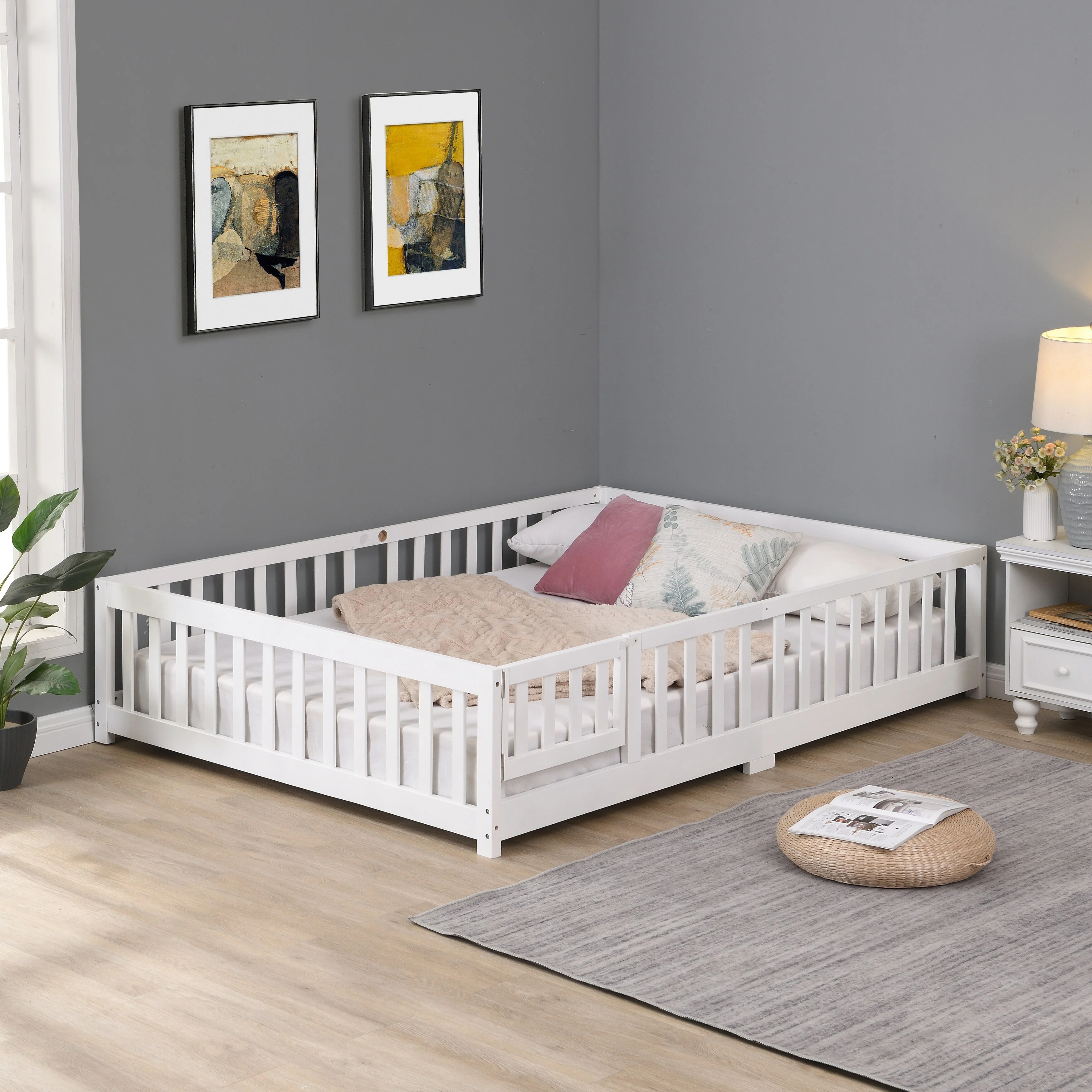 Full Size Floor Bed with Safety Guardrails & Door, Solid Pine Wood Platform Frame for Children, Low Profile Design