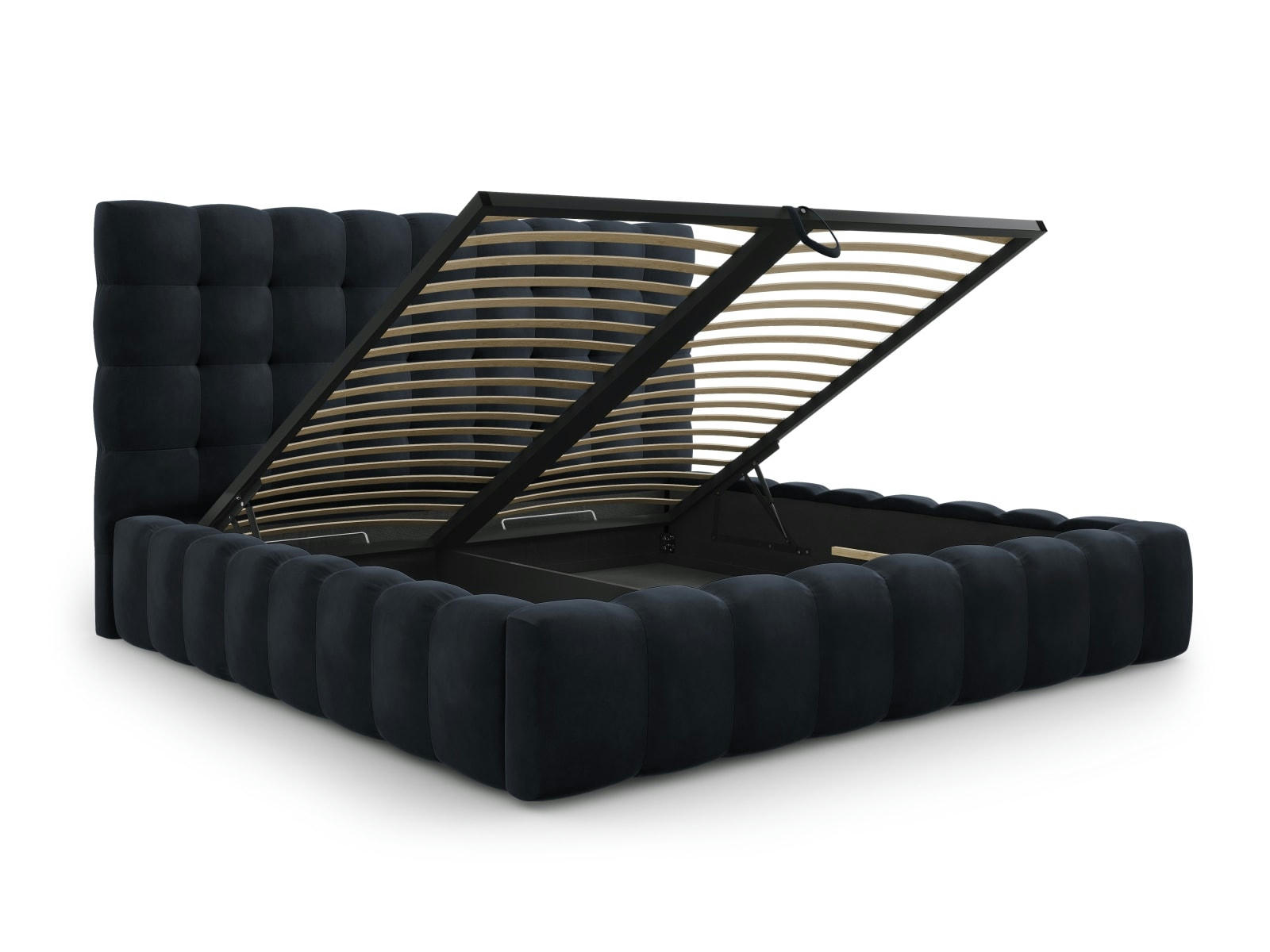 MAMAIA - Lit coffre en avec tête de lit 200x200cm en tissu velours bleu foncé