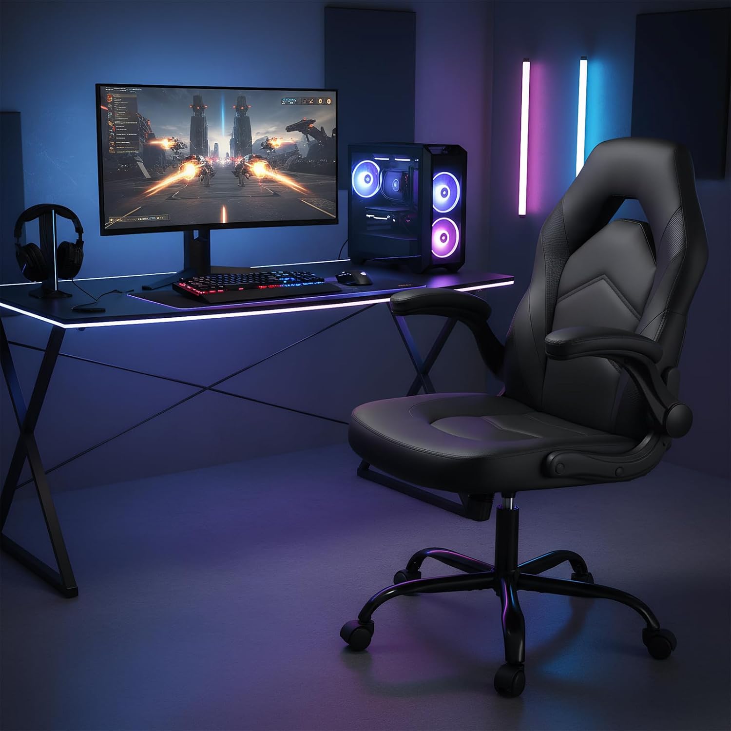 Sweetcrispy Computer Gaming Desk Chair - Big Tall Ergonomic Lumbar Support with Flip-up Armrest and 360° Swivel Wheels, PU Leather Height Adjustable, for Home and Office, Black