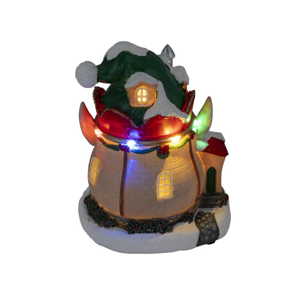 Maison de No&euml;l lumineuse forme lutin rouge et vert polyrésine 11x10xH14cm