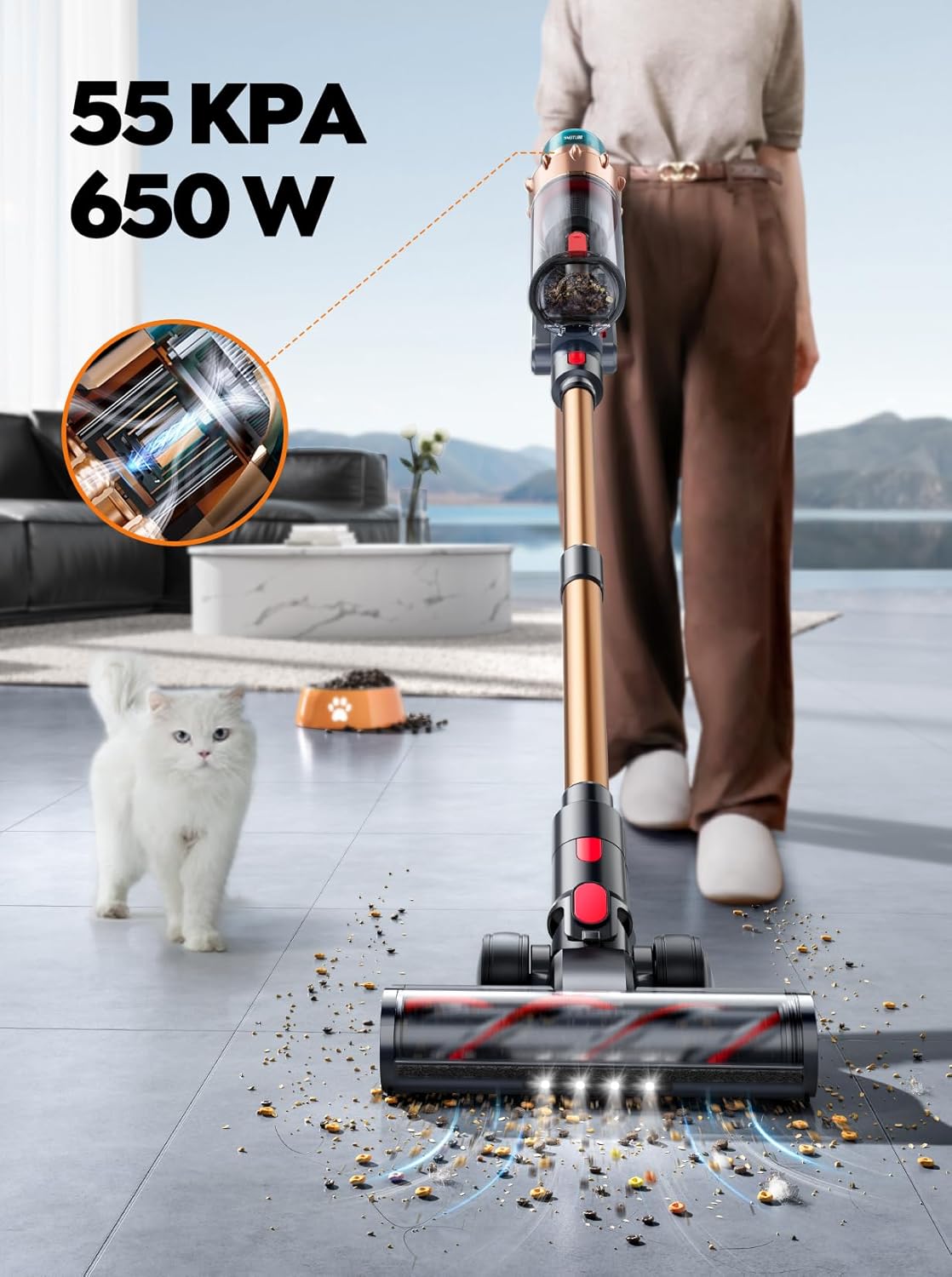 Cordless Vacuum Cleaner, 55KPA 650W 70Mins Stick Vacuum Cleaners for Home with Motorized Bed Brush, Flexible Hose, LED Touchscreen, Auto Mode, Self-Standing & Wall Mount, for Pet Hair Carpet Floor