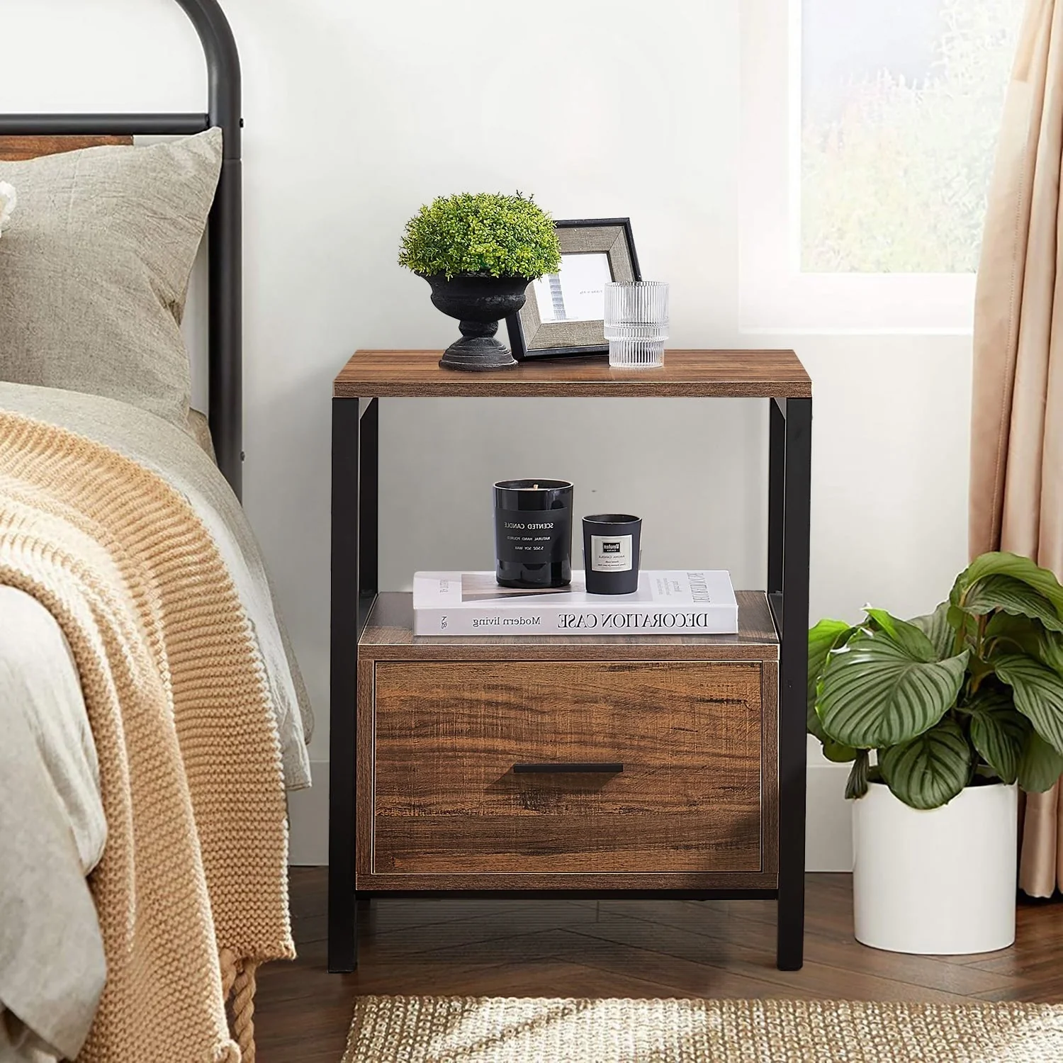 VECELO 1-Drawer Mid Century Modern Nightstand, Square Nightstand/Bedside Table/End Table