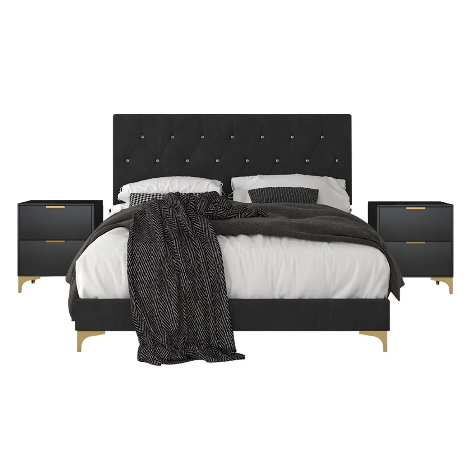 Sana Upholstered Panel Bed with 2 Nightstands