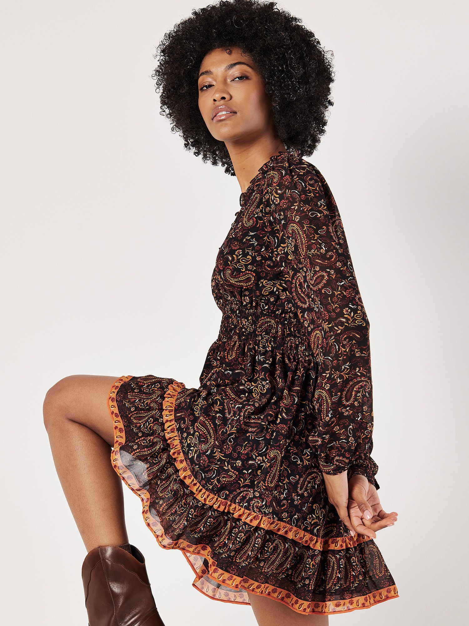 Apricot Paisley Ruffle Mini Dress
