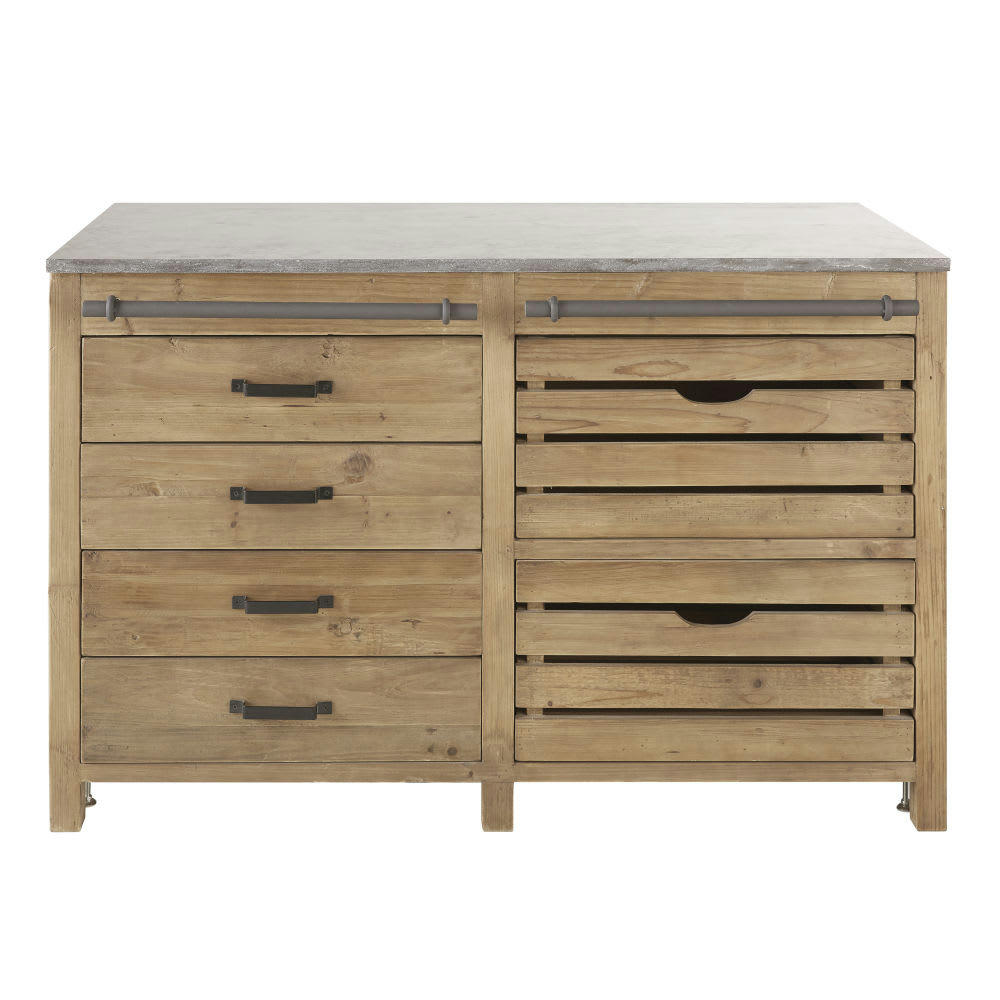 Aubagne - Meuble bas de cuisine 6 tiroirs en pin recyclé effet vieilli