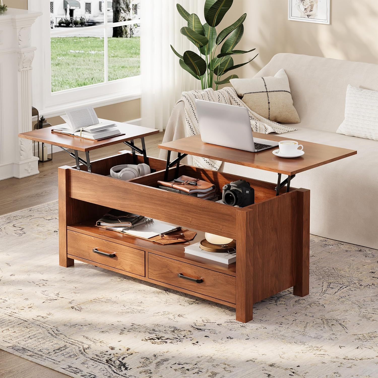 GarveeHome Coffee Table Lift Top, Convertible Coffee Table with Wooden Lift Tabletop, 2 Drawers and Hidden Compartment, Central Table with Storage for Living Room Home Office, Brown