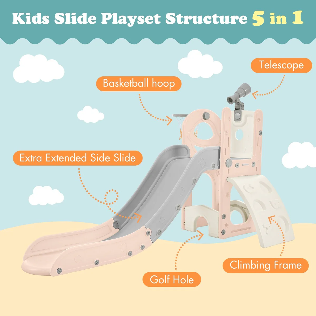 Kids Slide Playset Structure 5 in 1, Freestanding Spaceship Set with Slide, Telescope and Basketball Hoop, Golf Holes