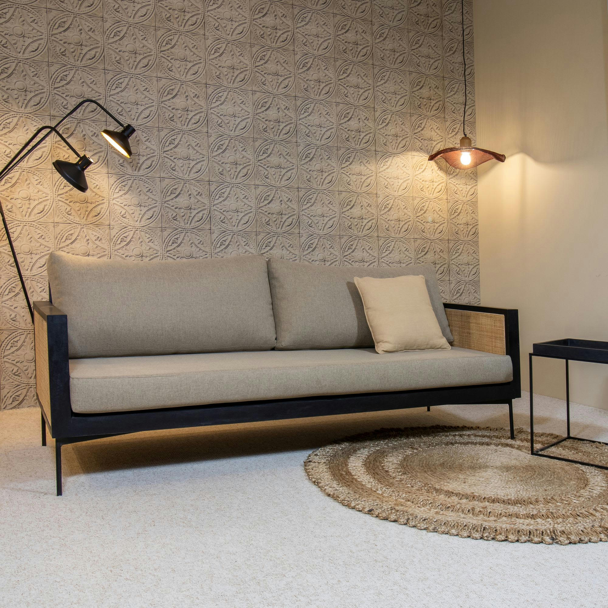 TONKIN - Canapé 3 places en tissu taupe structure en rotin et bois de manguier