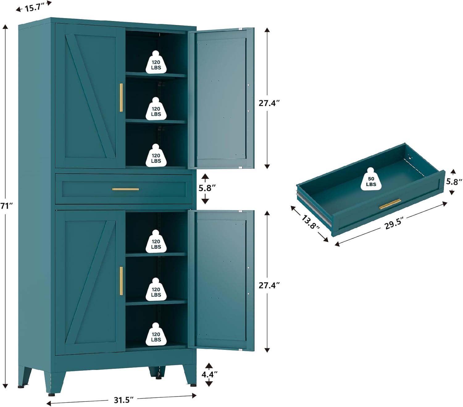 QINPTWUT 71 Farmhouse Pantry Cabinet in Blue, with 4 Doors & Center Drawer, Tall Food Cabinet with Adjustable Shelves, Freestanding Steel Cupboard for Kitchen, Dining Room, Pantry, Garage