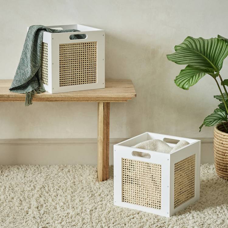 Habitat Set of 2 Rattan Square Boxes - White