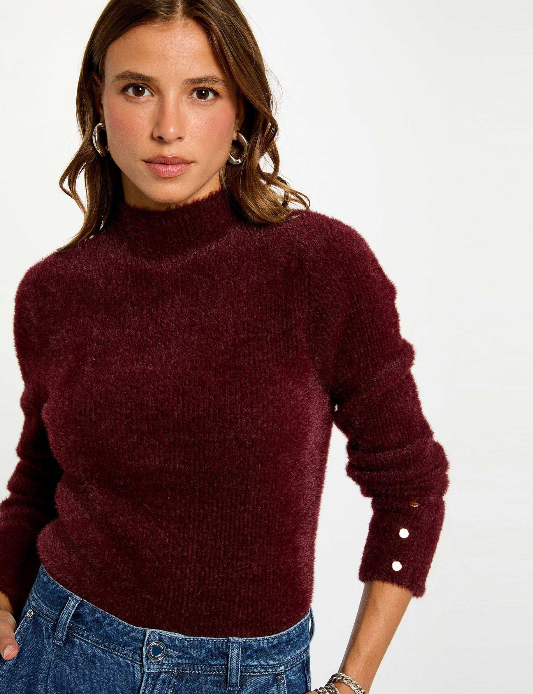 Long-Sleeve Fuzzy Knit Sweater Plum Women