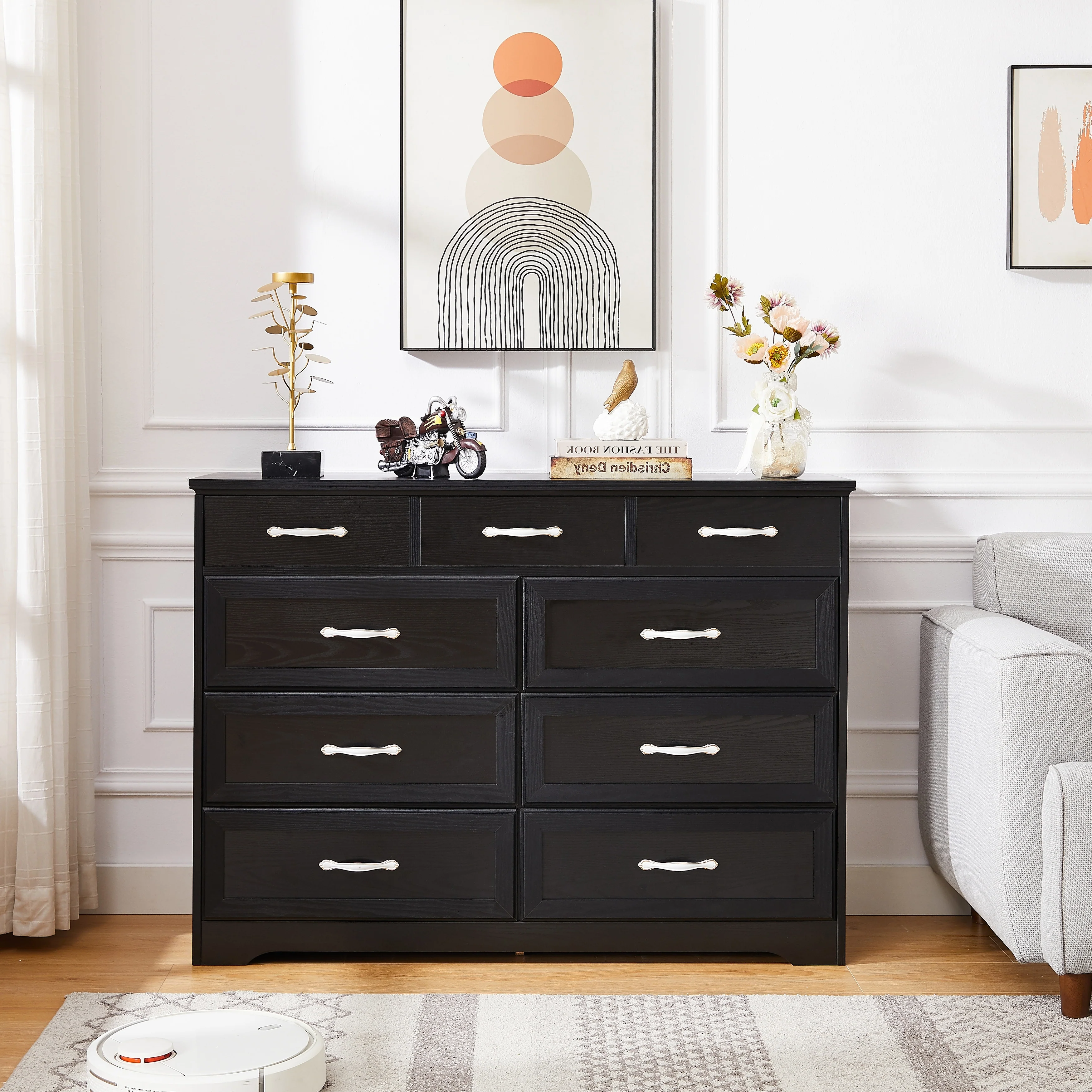 Bedroom dresser, 9 drawer long dresser with antique handles, wood chest of drawers for kids room, living room