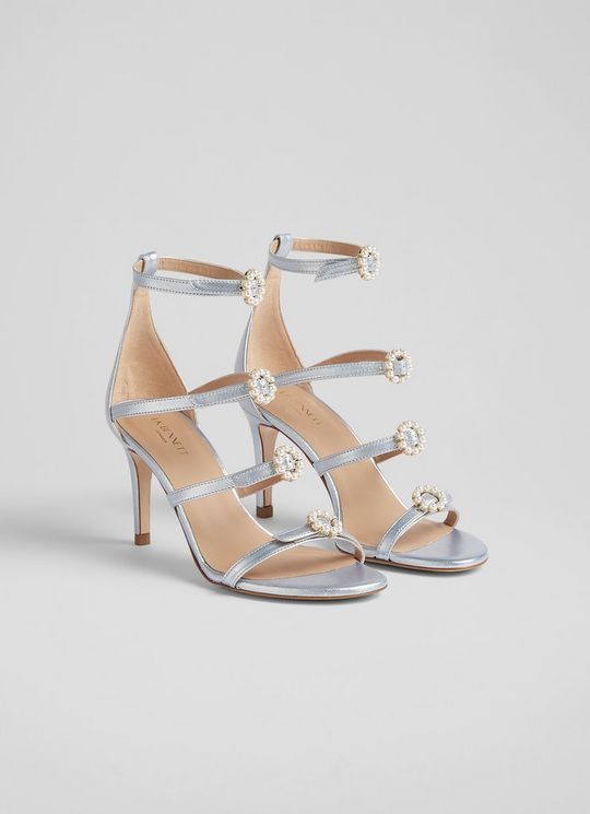 Harper Ice Blue Metallic Leather Pearl Buckle Sandals