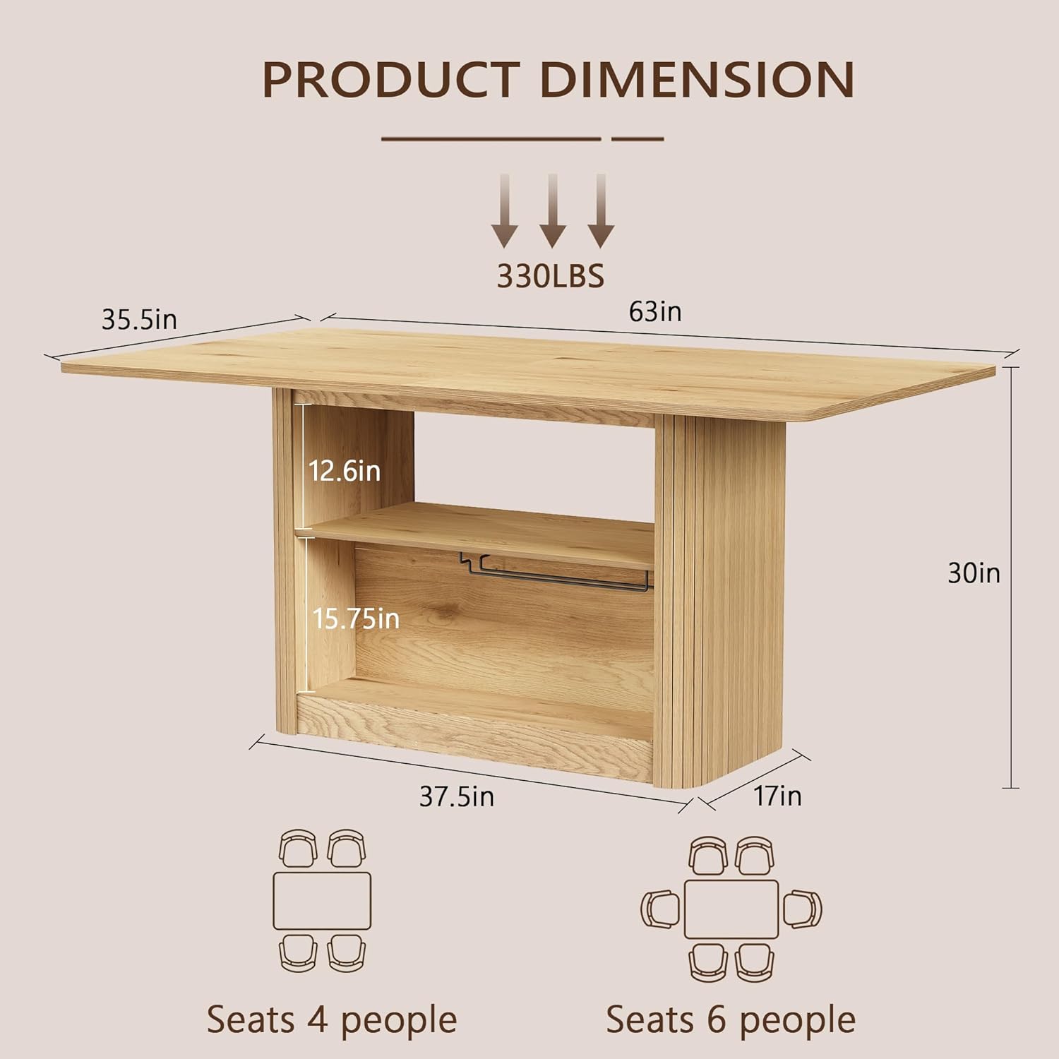 FUQARHY Dining Table for 6, Small Rectangular Kitchen Table for 4 with 2-Tier Storage Shelf, Farmhouse Modern Fluted Wood Table (Yellow Oak)