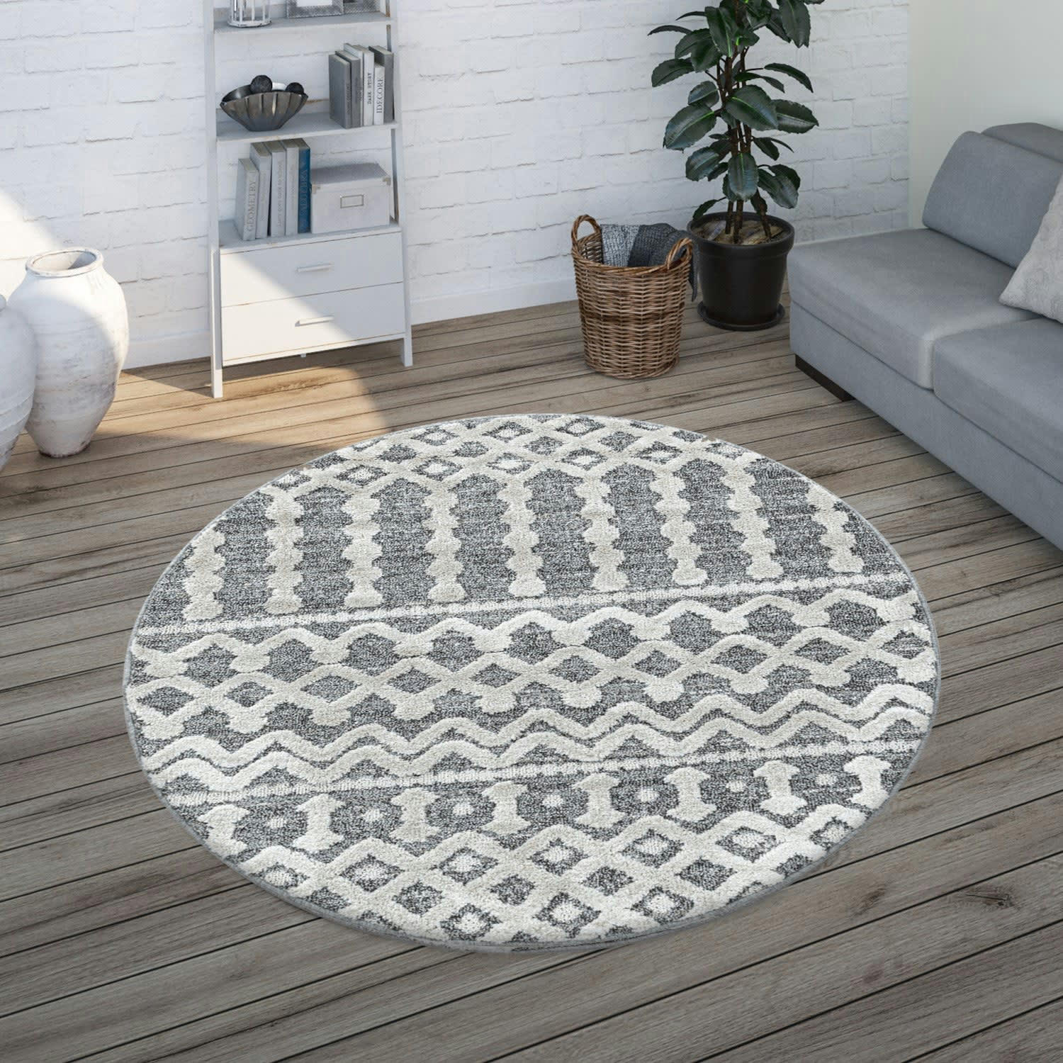 BOHEME - Tapis bohème rond à relief gris et blanc 80x80cm