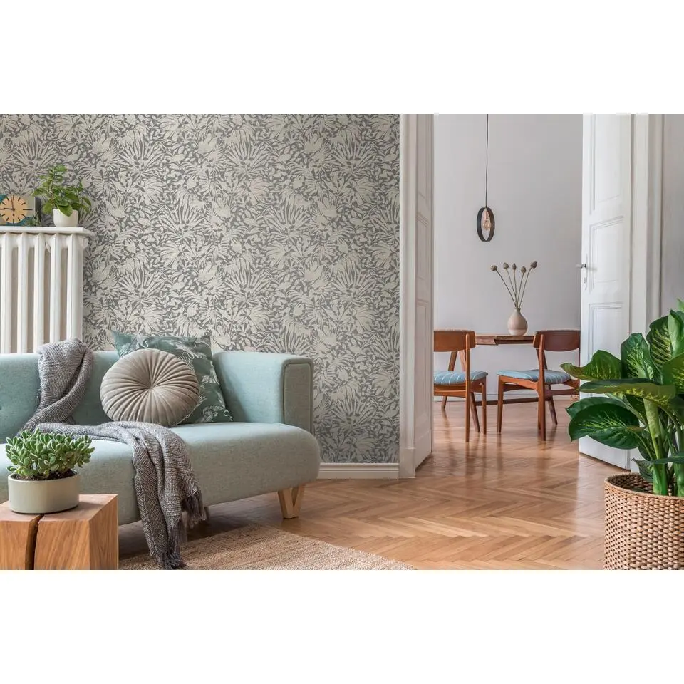 A.S. Cr&eacute;ation behang bloemen grijs en zilver - 53 cm x 10.05 m