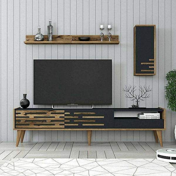 Meuble TV Upana, Buffet de salon, Armoire basse pour TV, Base murale de rangement, 180x45h35 cm, Anthracite et Noyer