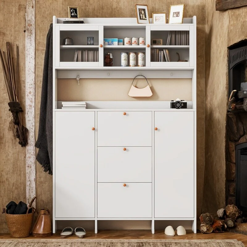 Hall Tree with 3-Flip Drawer and 4-Hanging Hooks, White