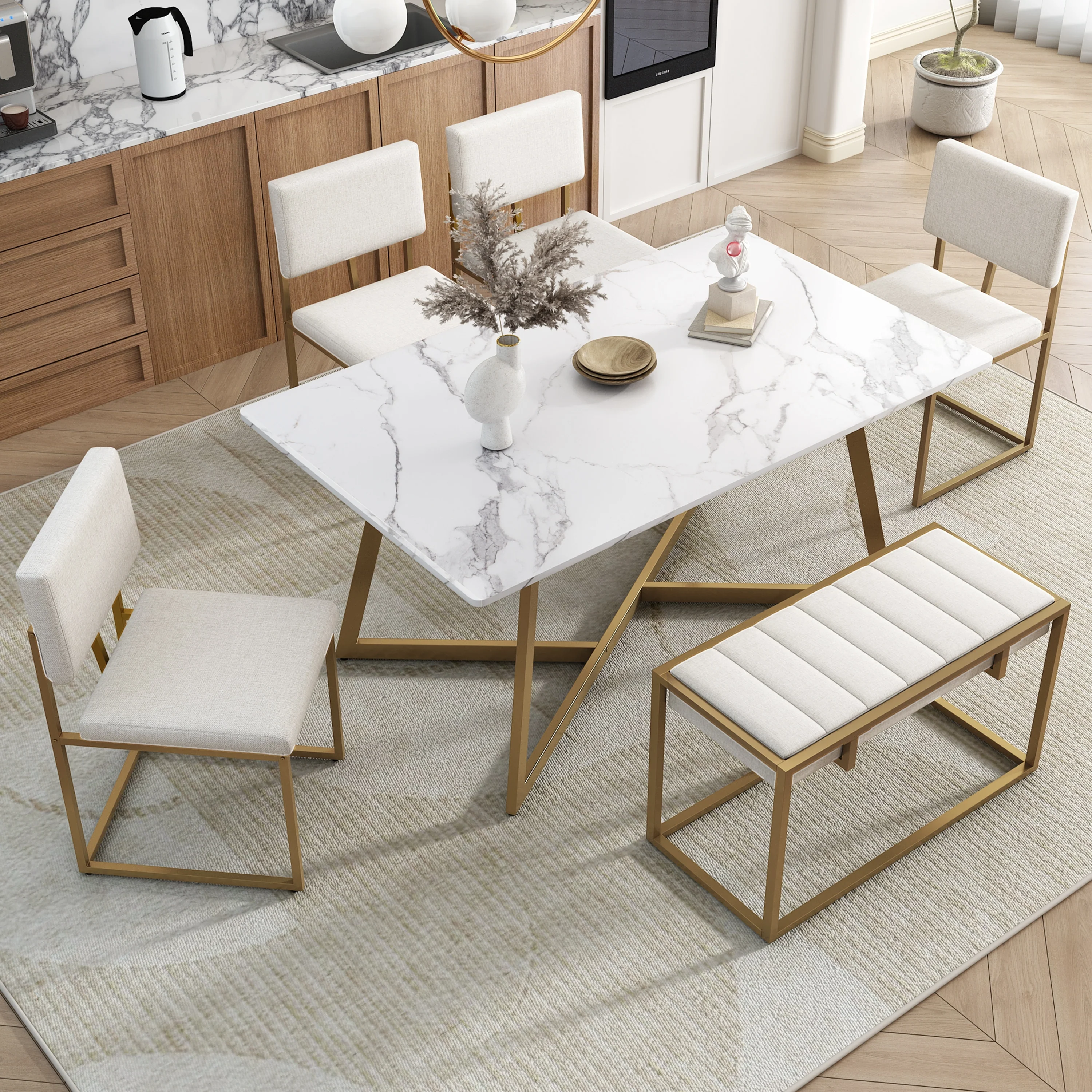 Modern Style 6-Piece Dining Set with Upholstered Dining Chairs and Bench