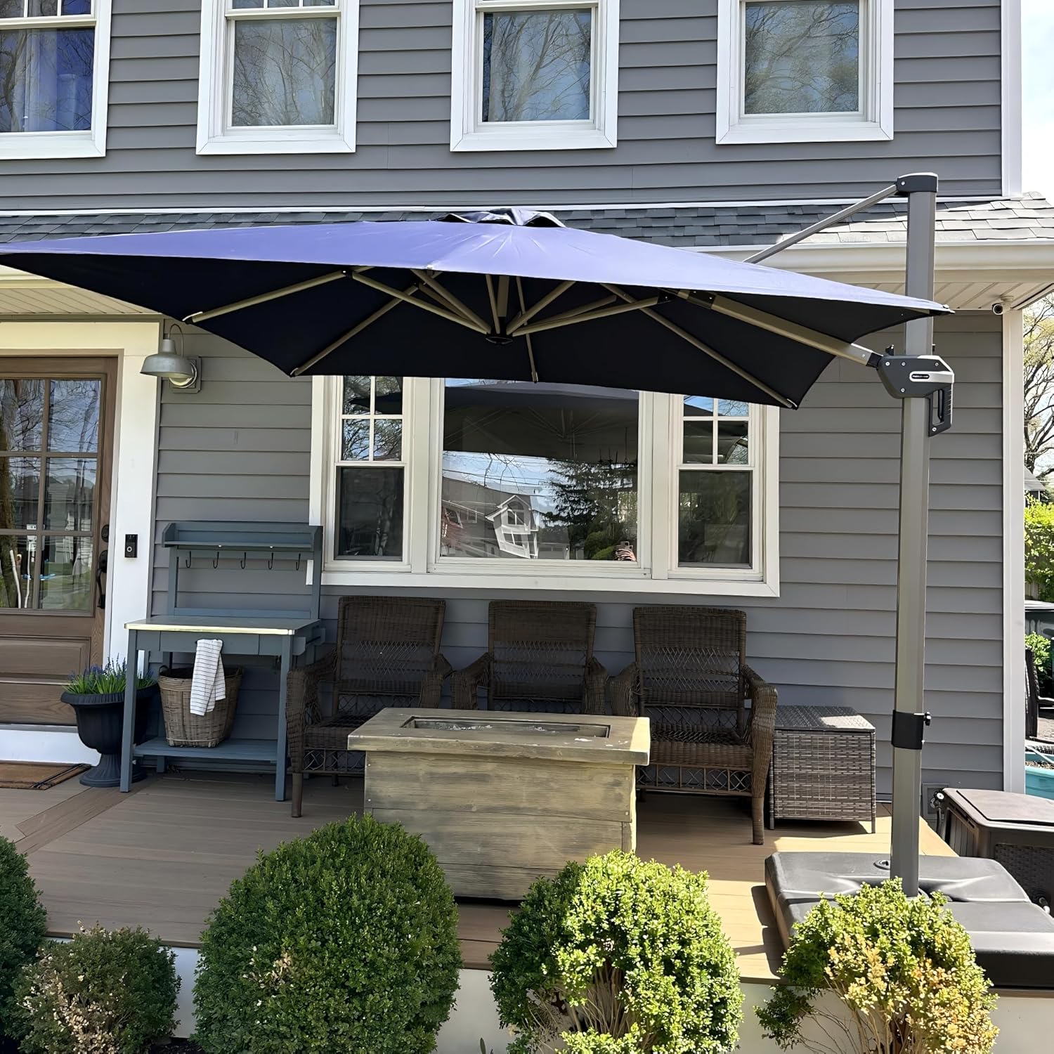 PURPLE LEAF 8’ X 8‘ Patio Umbrella Outdoor Cantilever Umbrella, Aluminum Offset Umbrella with Champagne Frame and 360° Rotation for Pool Deck Garden, Navy Blue