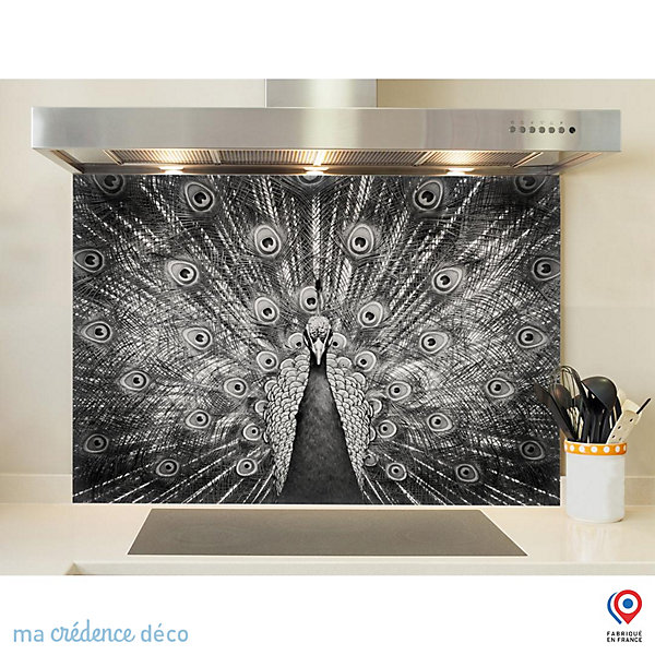 Crédence cuisine fond de hotte Paon - Verre trempé - L 90 cm x H 50 cm - MaCrédenceDéco