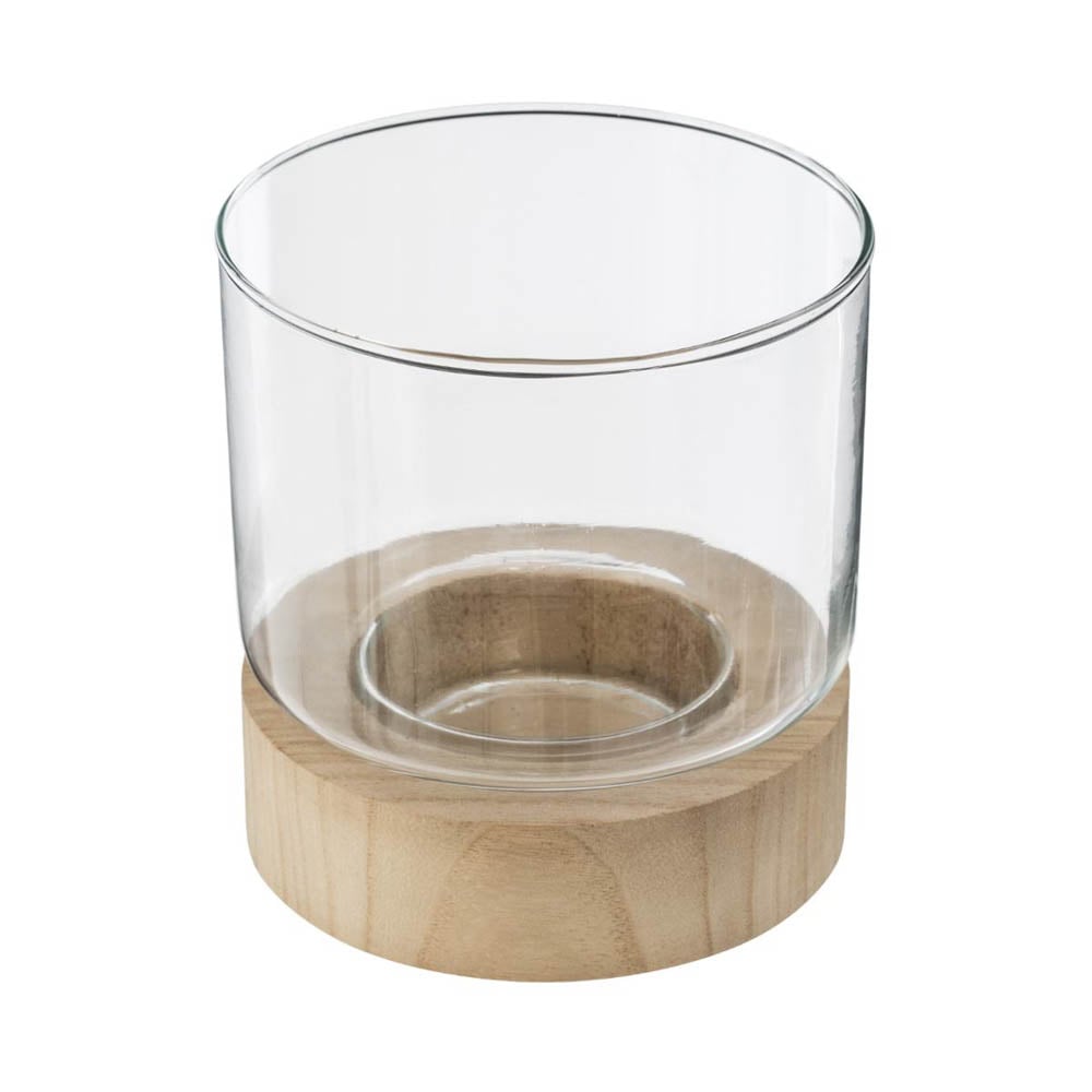 Castiçal em vidro com base em madeira 13,6x13cm