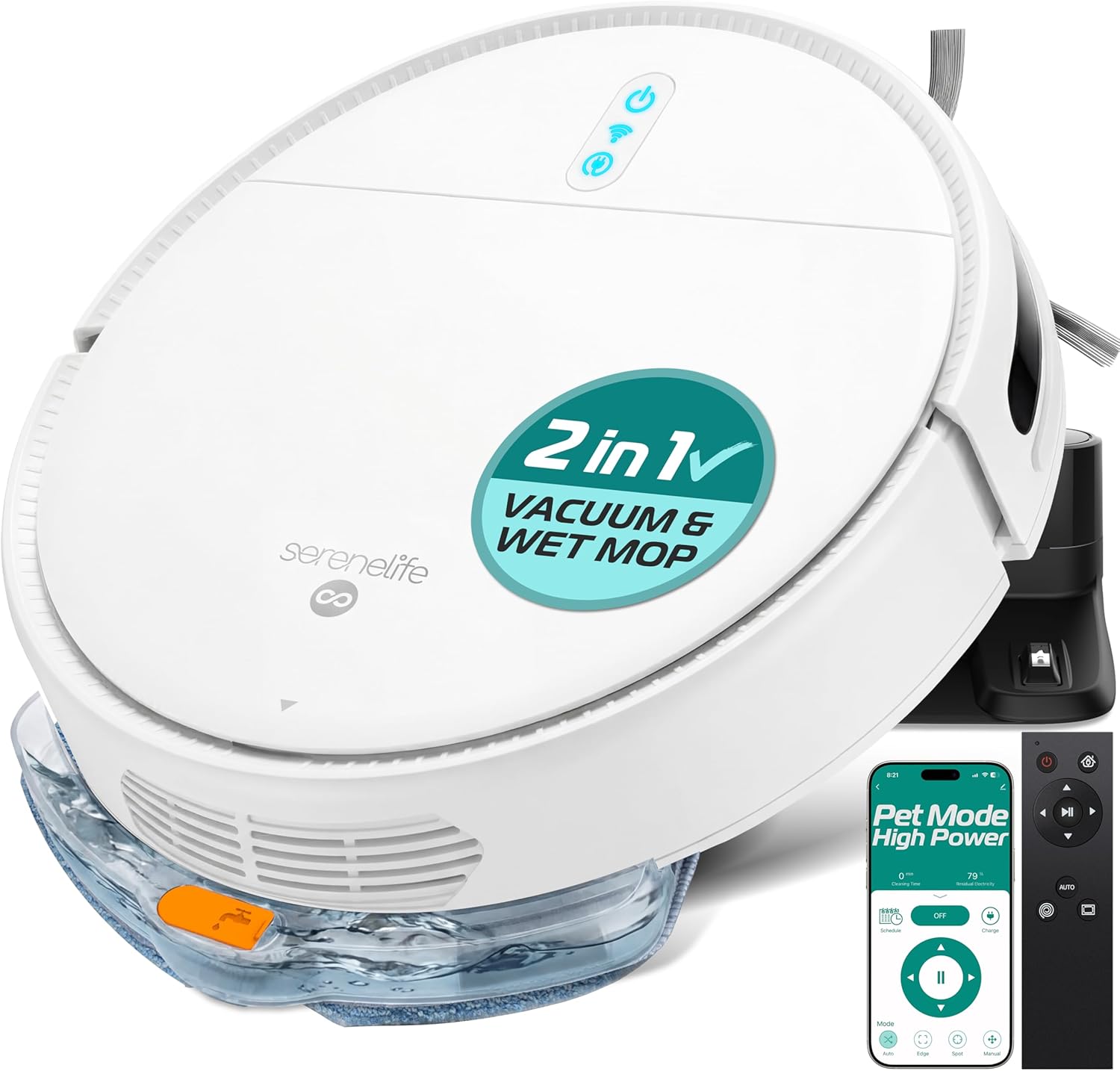 SereneLife Automatic Robot Vacuum Cleaner and Mop Combo, App Control, 3 Cleaning Modes, Smart Anti-Fall Sensors, Self-Charging, High Suction Ideal for Pet Hair, Carpet and Hard Floors, White