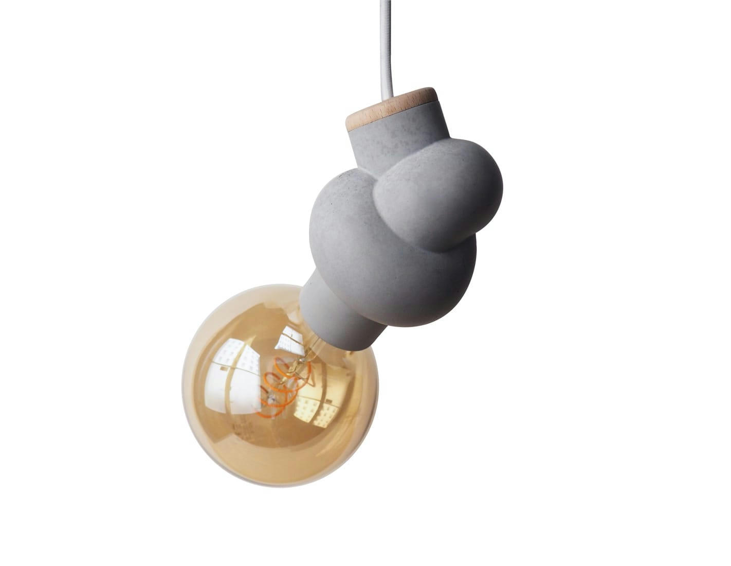 NOEUD - Lampe à suspendre en béton et bois cordon blanc ampoule edison