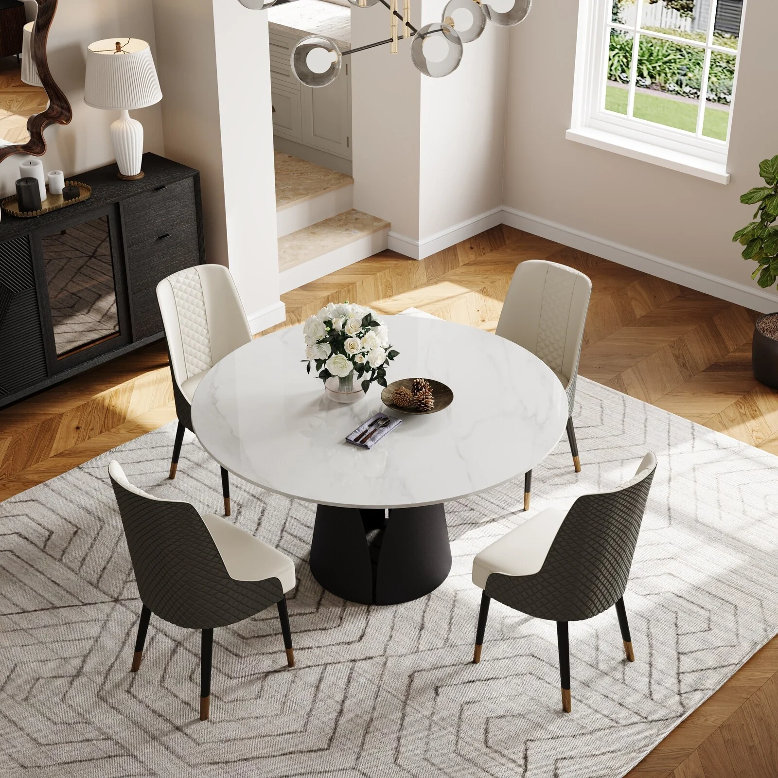 Modern Round White Dining Table, Matte Sintered Stone Tabletop, Solid Black Carbon Steel Base