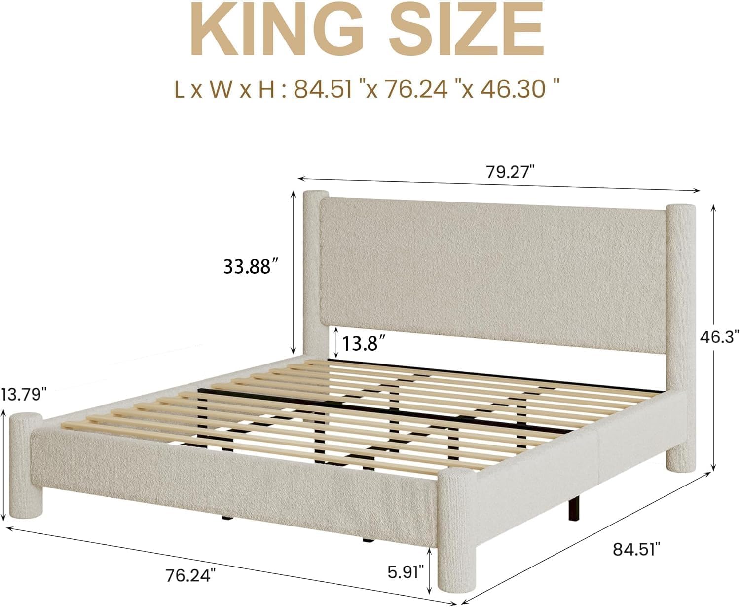 King Size Bed Frame, Boucle Bed Frame with Headborad, Soft Upholstered Platform Bed Frame with Rounded Corners, No Box Spring Required, Easy Assembly, Cream