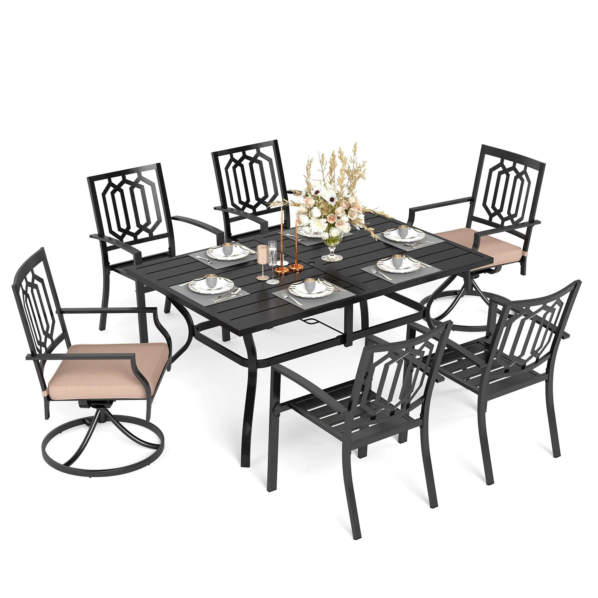 MAISON ARTS 7-Pcs Outdoor Dining Set Steel Combo Dining Chairs with Cushion and 6-Person Umbrella Table