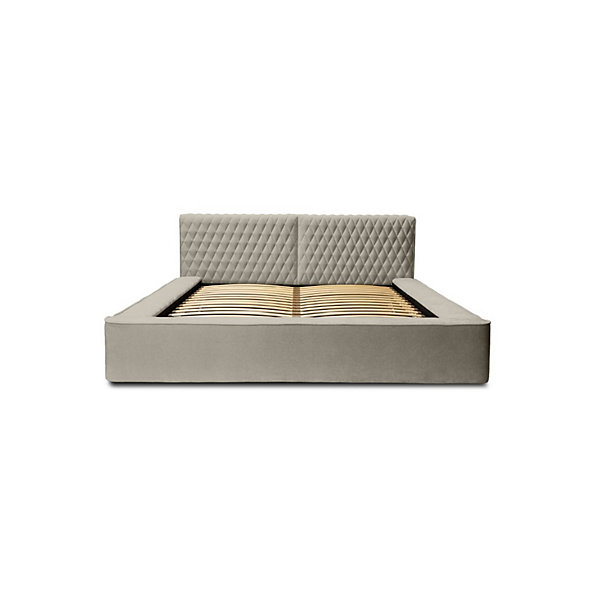 Lit coffre VERNONTissu chenille bouclé Taupe fumé140x200 cmSommier relevableDesign haut de gamme