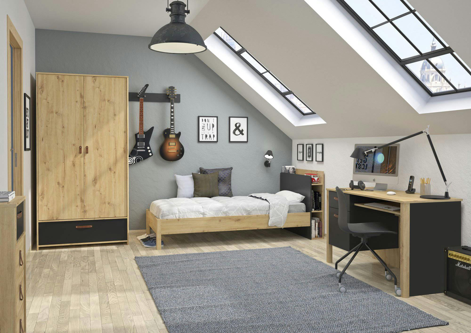 GAVIN - Lit enfant + tête de lit effet bois 90 x 190 cm