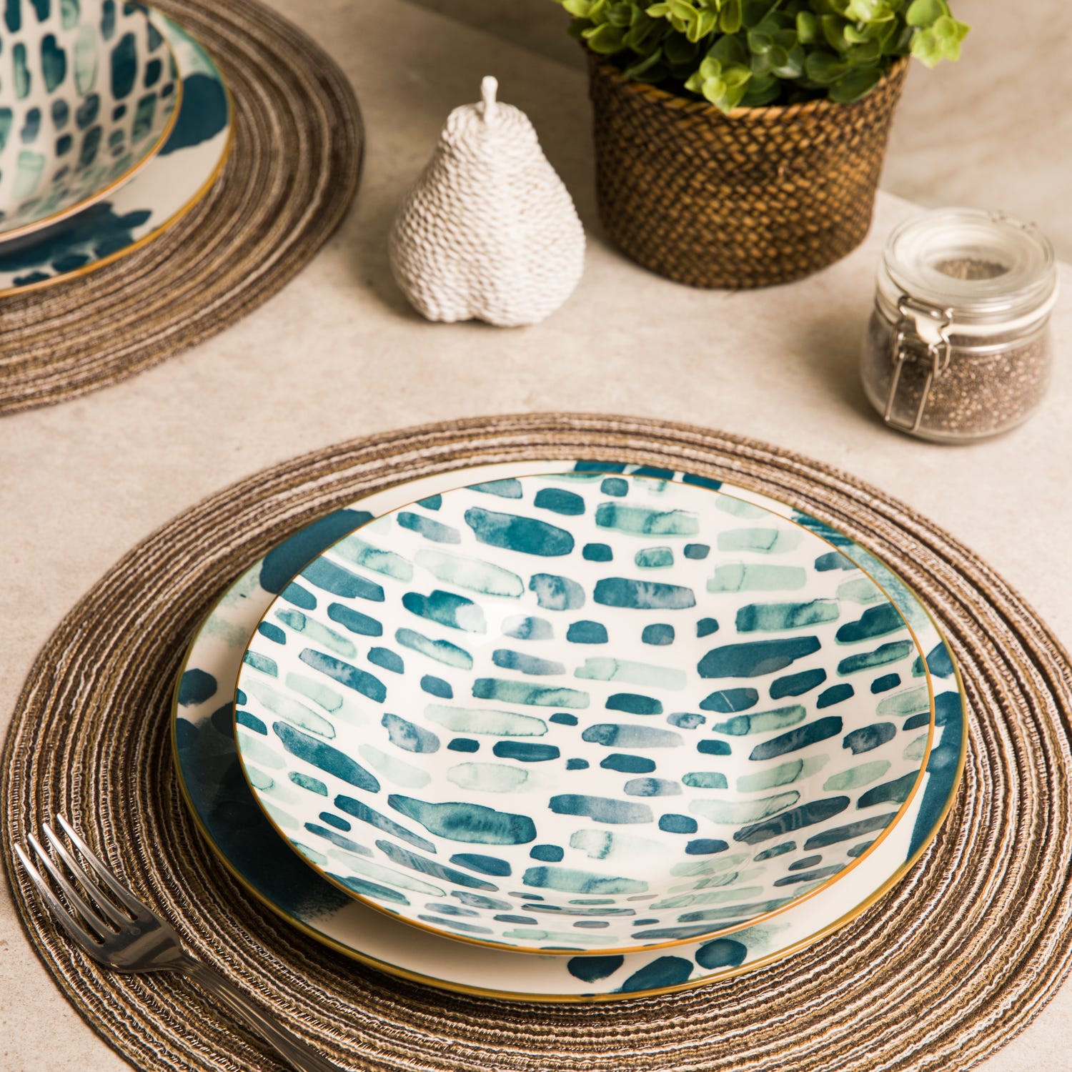 Servizio 12 piatti porcellana blu azzurro Mosaico