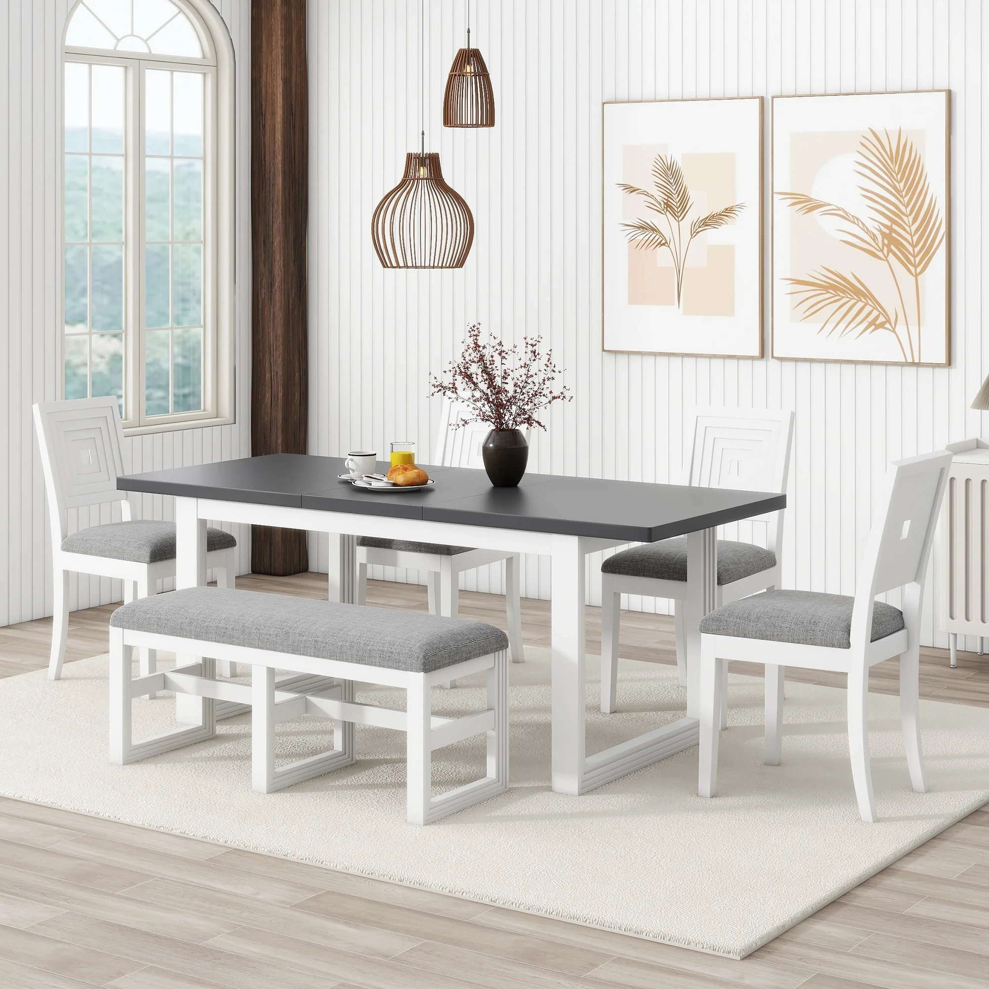 White+Gray 6-Piece Wooden Dining Table Set with Extendable Table, 4 Chairs & Bench
